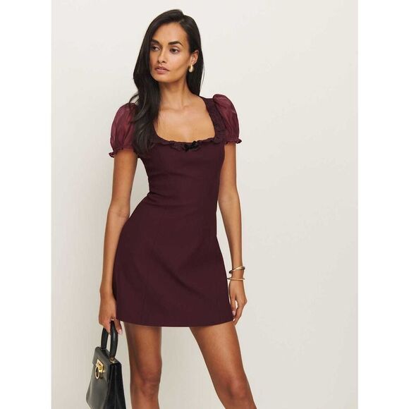 Reformation Dresses & Skirts - Reformation Women's Burgundy  Carmine Puff Sleeve Mini Dress Size 8 NWOT
